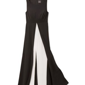 Crewneck; hidden back zipper with hook-and-eye closure
Skirt overlay with pants